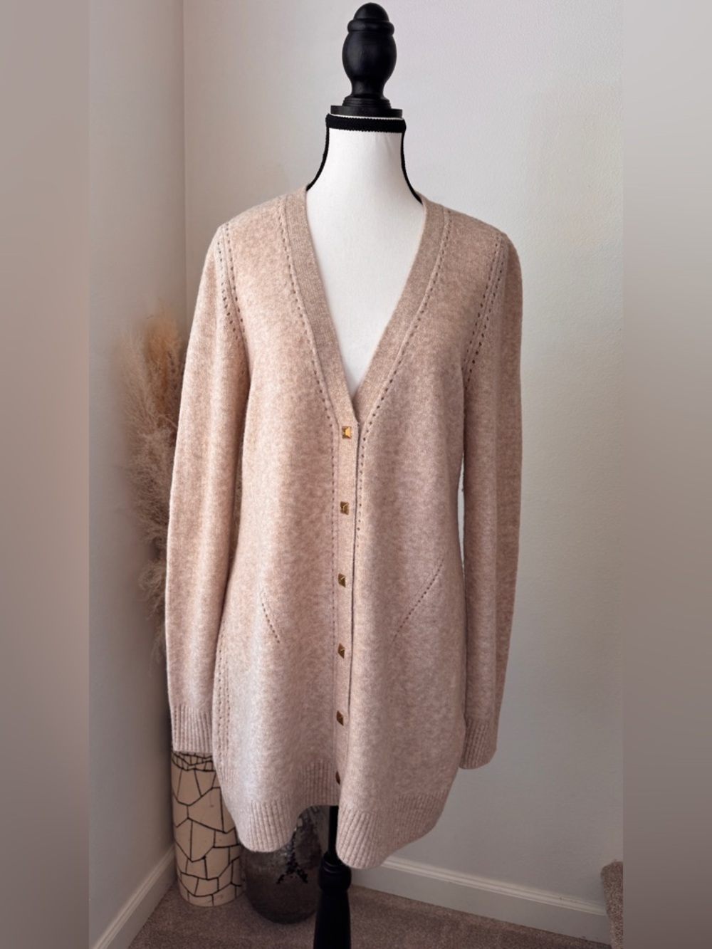 White House Black Market Long Beige V-Neck Cardigan w/ Gold Buttons - L